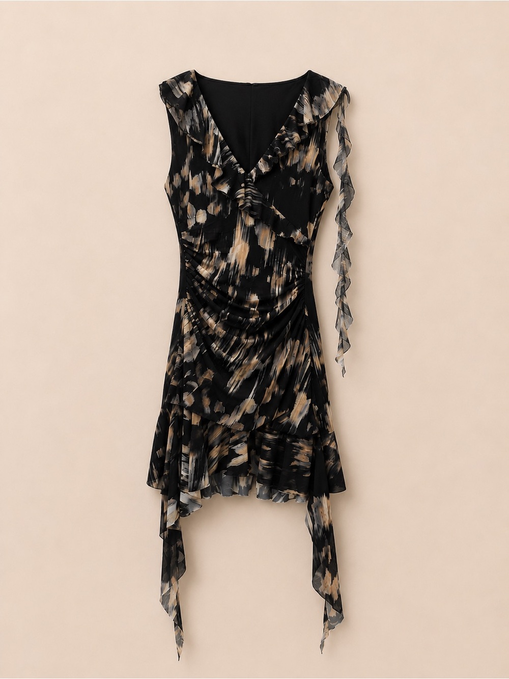 Zara Black & Beige Asymmetrical Ruffle Dress